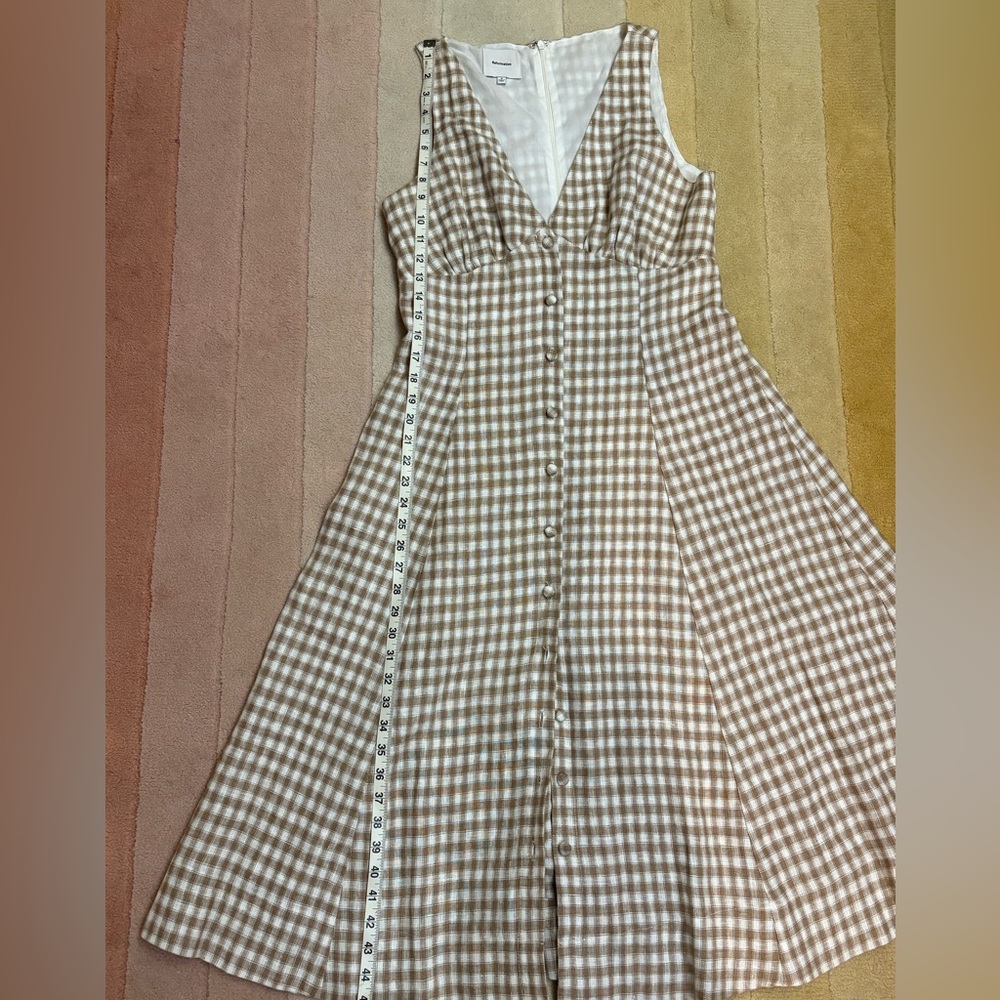Reformation Sebastian linen Gingham Midi Dress in Cream and Tan Sz 8 - Picture 9 of 11